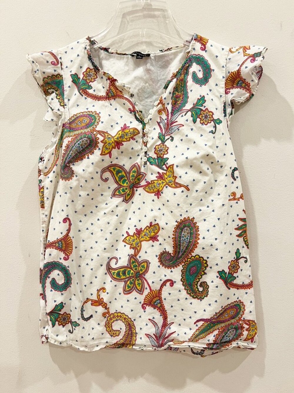 Talbots Top Womens Small Paisley Floral Heart Print Ruffle Cap Sleeve Lined Prep